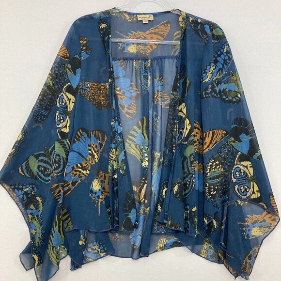 One World size XL Navy Multi Butterfly Open Front Sheer Duster Kimono Vacation - Picture 1 of 9